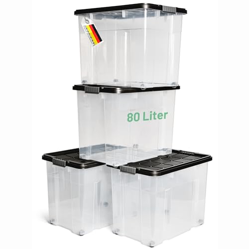 Novaliv 4x Aufbewahrungsboxen mit Deckel Groß 80L Anthrazit nestbar stapelbar mit Clipverschluss Rollboxen Kunststoff BPA-frei 61x40x45 cm von Novaliv