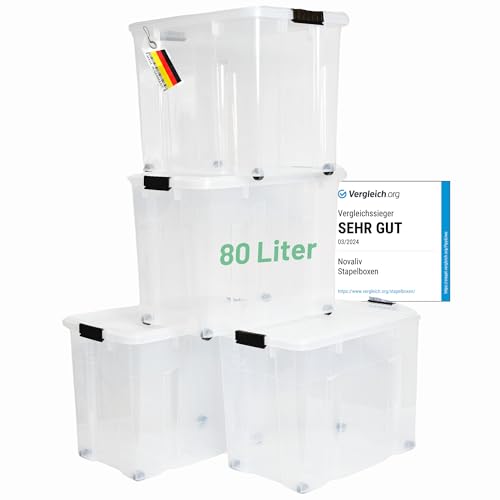 Novaliv 4x Aufbewahrungsboxen mit Deckel Groß 80L transparente nestbar stapelbar mit Clipverschluss Rollboxen Kunststoff BPA-frei 61x40x45 cm von Novaliv