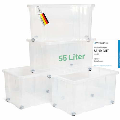 Novaliv 4x Aufbewahrungsboxen ohne Deckel Groß 55L transparente Nestbar stapelbar Rollboxen Kunststoff BPA-frei 59x39x31,5 cm von Novaliv