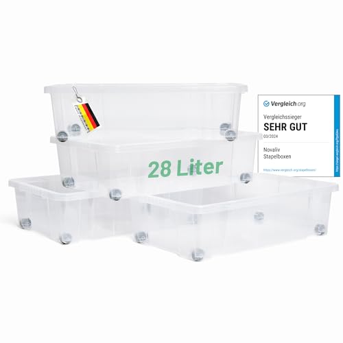 Novaliv 4x Unterbettkommode ohne Deckel 28L Aufbewahrungsbox transparente Nestbar stapelbare Rollkiste BPA-frei 59x39x16 cm von Novaliv