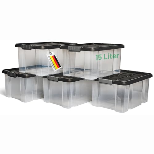 Novaliv 5x Aufbewahrungsboxen mit Deckel 15L Anthrazit Nestbar stapelbare Storage boxes mit Clipverschluss Kunststoffbox BPA-frei 41 x 29 x 20 cm von Novaliv