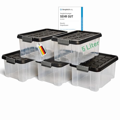 Novaliv 5x Aufbewahrungsboxen mit Deckel 5L Anthrazit Nestbar stapelbare Storage boxes mit Clipverschluss Kunststoff BPA-frei 30 x 19 x 14 cm von Novaliv