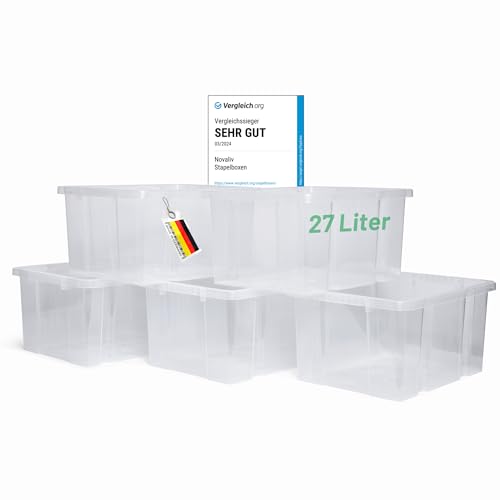 Novaliv 5x Aufbewahrungsboxen ohne Deckel 27L transparente Nestbar Drehstapelbox Euroboxen Kunststoffboxen BPA-frei 44,5x35,5x23 cm für Kistenregal von Novaliv