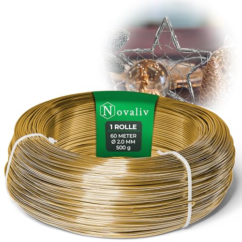 Novaliv 60 Meter Aluminiumdraht 2mm Gold, Basteldraht ideal als Biegedraht zum basteln, Vielseitig für DIY-Projekte und Dekorationen, 60m Rolle Dekodraht, Blumendraht, kein Schmuckdraht Novaliv 60 Meter Aluminiumdraht 2mm Gold, Basteldraht ideal als Biegedraht zum basteln, Vielseitig für DIY-Projekte und Dekorationen, 60m Rolle Dekodraht, Blumendraht, kein Schmuckdraht von Novaliv