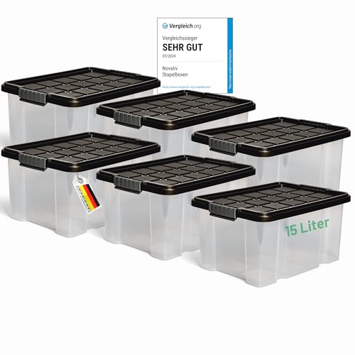 Novaliv 6x Aufbewahrungsboxen mit Deckel 15L Anthrazit Nestbar stapelbare Storage boxes mit Clipverschluss Kunststoffbox BPA-frei 41 x 29 x 20 cm von Novaliv