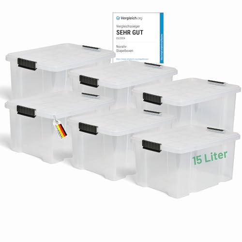Novaliv 6x Aufbewahrungsboxen mit Deckel 15L transparente Nestbar stapelbare Storage boxes mit Clipverschluss Kunststoffbox BPA-frei 41 x 29 x 20 cm von Novaliv
