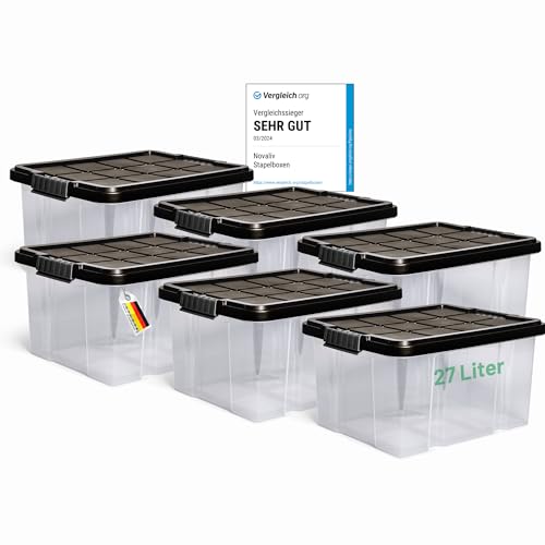 Novaliv 6x Aufbewahrungsboxen mit Deckel 27L Anthrazit Nestbar stapelbare Storage boxes mit Clipverschluss Kunststoffbox BPA-frei 46,5x36,5x24 cm von Novaliv