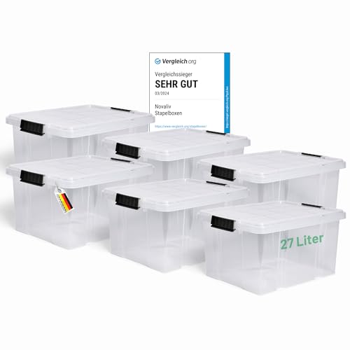 Novaliv 6x Aufbewahrungsboxen mit Deckel 27L transparente Nestbar stapelbare Storage boxes mit Clipverschluss Kunststoffbox BPA-frei 46,5x36,5x24 cm von Novaliv