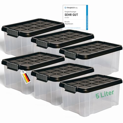 Novaliv 6x Aufbewahrungsboxen mit Deckel 5L Anthrazit Nestbar stapelbare Storage boxes mit Clipverschluss Kunststoff BPA-frei 30 x 19 x 14 cm von Novaliv