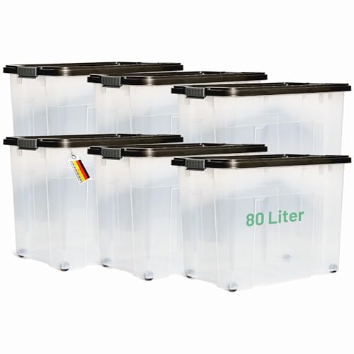 Novaliv 6x Aufbewahrungsboxen mit Deckel Groß 80L Anthrazit nestbar stapelbar mit Clipverschluss Rollboxen Kunststoff BPA-frei 61x40x45 cm von Novaliv