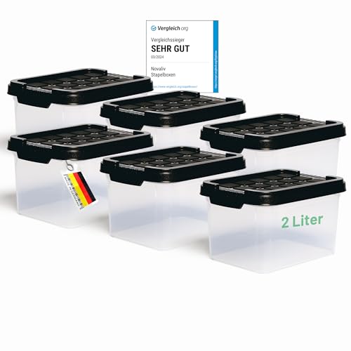 Novaliv 6x Aufbewahrungsboxen mit Deckel klein 2 L Anthrazit Nestbar stapelbare Plastikboxen mit Clipverschluss Kunststoff BPA-frei 19 x 14 x 11 cm von Novaliv