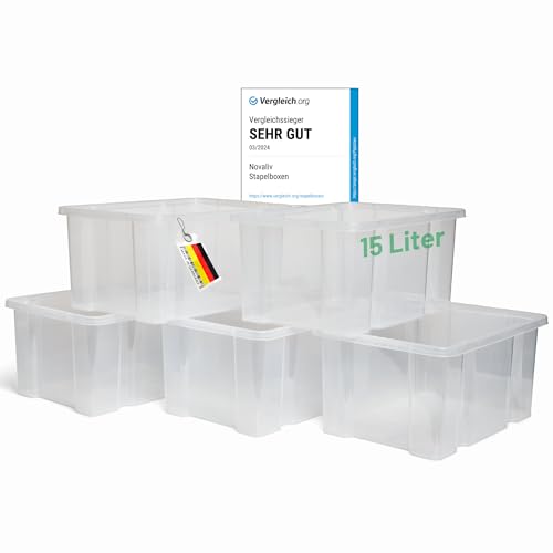 Novaliv 6x Aufbewahrungsboxen ohne Deckel 15L transparente Nestbar stapelbare Storage boxes Kunststoffbox BPA-frei 39x28,5x19,5 cm von Novaliv