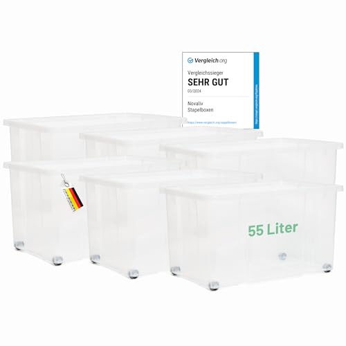 Novaliv 6x Aufbewahrungsboxen ohne Deckel Groß 55L transparente Nestbar stapelbar Rollboxen Kunststoff BPA-frei 59x39x31,5 cm von Novaliv