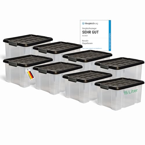 Novaliv 8x Aufbewahrungsboxen mit Deckel 15L Anthrazit Nestbar stapelbare Storage boxes mit Clipverschluss Kunststoffbox BPA-frei 41 x 29 x 20 cm von Novaliv