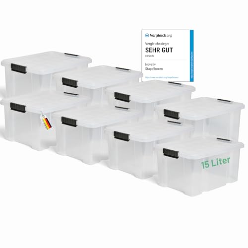 Novaliv 8x Aufbewahrungsboxen mit Deckel 15L transparente Nestbar stapelbare Storage boxes mit Clipverschluss Kunststoffbox BPA-frei 41 x 29 x 20 cm von Novaliv