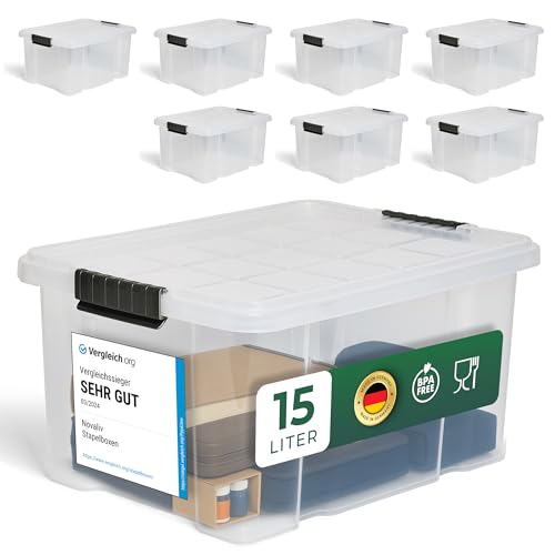 Novaliv 8x Aufbewahrungsboxen mit Deckel 15L transparente Nestbar stapelbare Storage boxes mit Clipverschluss Kunststoffbox BPA-frei 41 x 29 x 20 cm von Novaliv