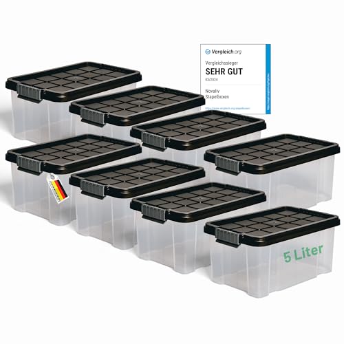 Novaliv 8x Aufbewahrungsboxen mit Deckel 5L Anthrazit Nestbar stapelbare Storage boxes mit Clipverschluss Kunststoff BPA-frei 30 x 19 x 14 cm von Novaliv