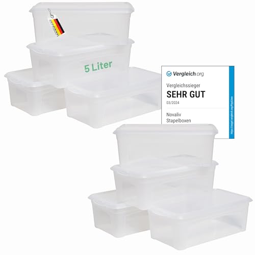 Novaliv 8x Aufbewahrungsboxen mit Deckel 5L transparente Boxen stapelbare Nestbar Storage boxes mit Clipverschluss Kunststoff BPA-frei 34x19x11 cm von Novaliv