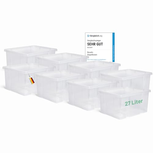 Novaliv 8x Aufbewahrungsboxen ohne Deckel 27L transparente Nestbar Drehstapelbox Euroboxen Kunststoffboxen BPA-frei 44,5x35,5x23 cm für Kistenregal von Novaliv