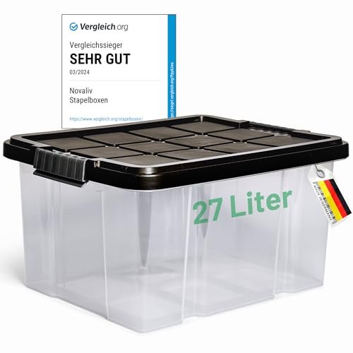 Novaliv Aufbewahrungsbox mit Deckel 27L Anthrazit Nestbar stapelbare Plastikbox mit Clipverschluss Eurobox Kunststoffbox BPA-frei 46,5x36,5x24 cm von Novaliv