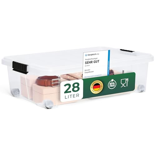 Novaliv Unterbett Aufbewahrungsbox mit Rollen Deckel 28L transparente Nestbar stapelbare Clipverschluss Bettkasten mit Rollen BPA-frei 61x40x17 cm von Novaliv