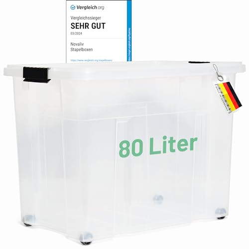 Novaliv XXL Aufbewahrungsbox mit Deckel Groß 80L transparente Nestbar stapelbare Plastikbox mit Clipverschluss Eurobox mit Deckel BPA-frei 61x40x45 cm von Novaliv