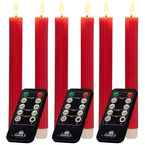 Stabkerzen LED mit Timer ROT 6 Stück indoor - 6 Stunden - ECHTWACHS gerippt 23cm Höhe für Kerzen 2,2cm Durchmesser 2 AAA Batterien notwendig LED Stabkerzen 2er Set ROT (zwei Mal) bewegliche Flamme von Novaliv