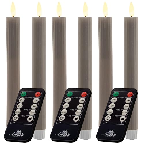 Stabkerzen LED mit Timer TAUPE GRAU 6 Stück Indoor 6 Stunden ECHTWACHS gerippt 23cm Höhe für Kerzen 2,2cm Durchmesser 2 AAA Batterien notwendig LED Stabkerzen 2er Set 2x bewegliche Flamme Licht von Novaliv