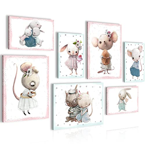 Novart Wandbilder Tiere - KOMPLETT AUFHÄNGFERTIG - Mäuse Rosa Kinderzimmer Mädchen - 7 Moderne Mood-Bilder - N000071a von Novart