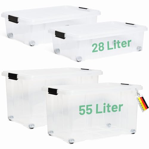 Novaliv 4 tlg Sparset Aufbewahrungsbox mit Deckel Transparent 2x 55 L + 2x 28 L Nestbar stapelbar Clipverschluss Rollboxen BPA-frei von Novatool