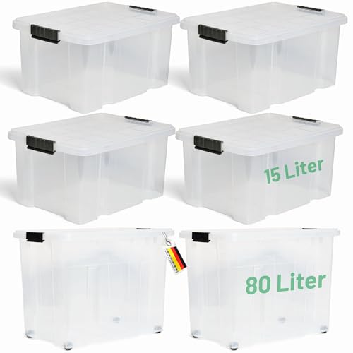 Novaliv 5 tlg Sparset Aufbewahrungsboxen mit Deckel Transparent 1x80 L + 4x 15L Nestbar stapelbar Clipverschluss Rollboxen BPA-frei von Novatool