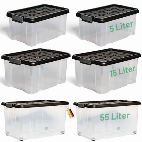 Novaliv 6 tlg Sparset Aufbewahrungsbox mit Deckel Anthrazit 2x 55 L + 2x 15 L + 2x 5 L Nestbar stapelbar Clipverschluss Rollboxen BPA-frei von Novatool