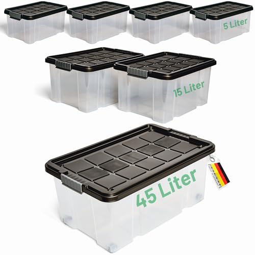 Novaliv 7 tlg Sparset Aufbewahrungsboxen mit Deckel Anthrazit 1x45 L + 2x 15L + 4x 5L Nestbar stapelbar Clipverschluss Rollboxen BPA-frei von Novatool