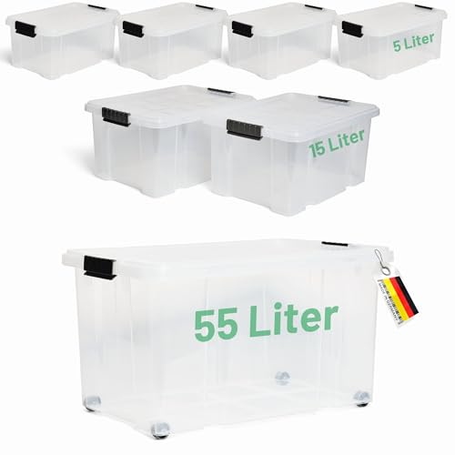 Novaliv 7 tlg Sparset Aufbewahrungsboxen mit Deckel Transparent 1x55 L + 2x 15L + 4x 5L Nestbar stapelbar Clipverschluss Rollboxen BPA-frei Novaliv 7 tlg Sparset Aufbewahrungsboxen mit Deckel Transparent 1x55 L + 2x 15L + 4x 5L Nestbar stapelbar Clipverschluss Rollboxen BPA-frei von Novatool