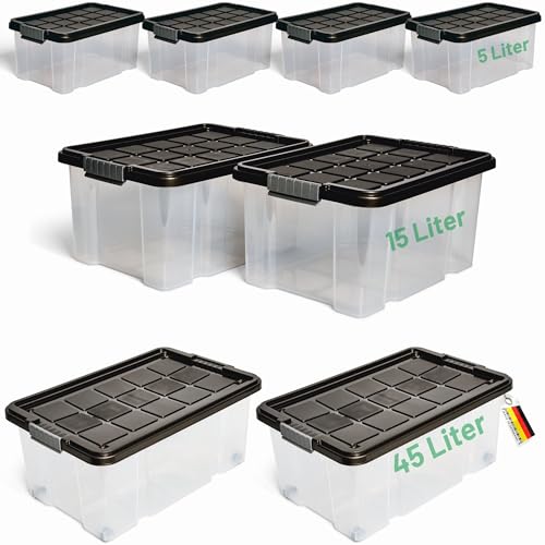 Novaliv 8 tlg Sparset Aufbewahrungsboxen mit Deckel Anthrazit 2x45 L + 2x 15L + 4x 5L Nestbar stapelbar Clipverschluss Rollboxen BPA-frei von Novatool