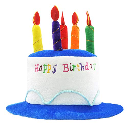 Novelty Place Geburtstagshut aus Plüsch mit Aufschrift Happy Birthday, Unisex, Erwachsenengröße, ideal als Partygeschenk, Kostümzubehör, Kuchen und 5 mehrfarbige Kerzen von Novelty Place