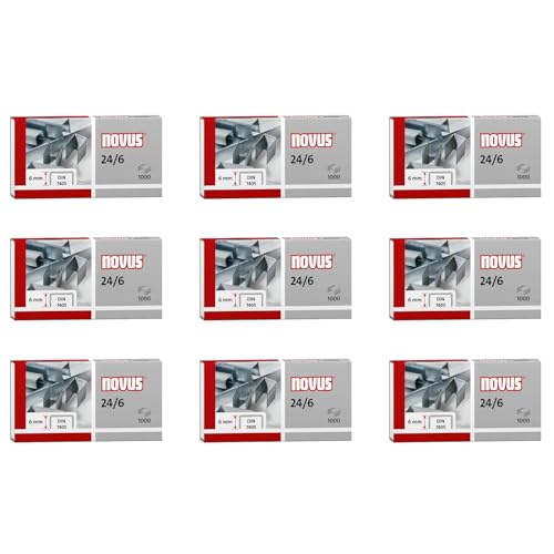 Novus Standardheftklammer 24/6, verzinkt, 1000 Stück pro Packung (9x1000), 6mm, für Papierstapel bis 25 Blatt von Novus