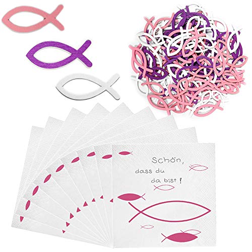 Nsiwem 180 Stück Holzfisch Deko Fisch mit 50pcs Servietten 33x33 cm Servietten Kommunion Tischdeko Taufe Deko Taufe Kommunion Konfirmation Servietten Taufdeko Tisch Deko(Rosa Lila Weiß) von Nsiwem