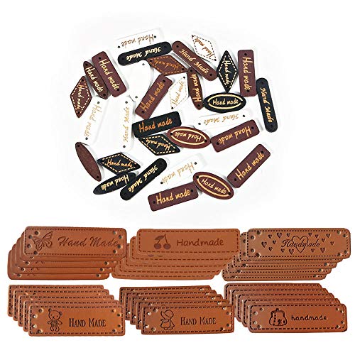 Nsiwem Handmade Label 100 Stück Knöpfe Handmade Holzknopf Nähetiketten mit 30 Stück PU Handmade Textiletiketten zum Einnähen DIY Buttons Nähen Basteln Dekorationen von Nsiwem