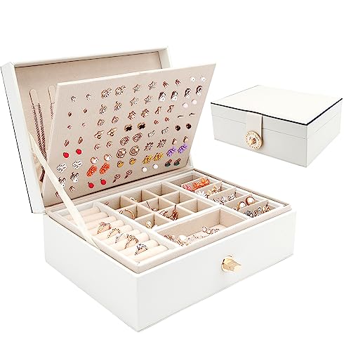 Nswayy Schmuckkästchen Mädchen Damen Schmuckaufbewahrung Schmuckschatulle PU-Leder Schmuck Organizers Jewelry Box Schmuckbox für Halsketten Ohrring Ring Armbänder Weiß von Nswayy