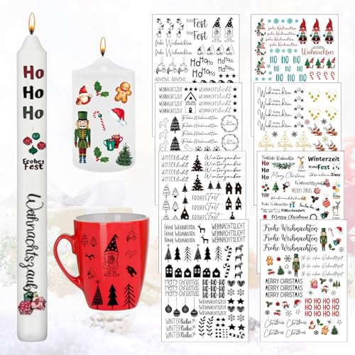 Ntwdby Kerzentatoo Weihnachten, 8 Stück Kerzenfolie Weihnachten, Weihnachtens Kerzen Sticker, Kerzens Wasserschiebefolie Tattoo Folie, DIY Kerzensticker für Stabkerzen Kleine Kerzen Tasse Keramik von Ntwdby