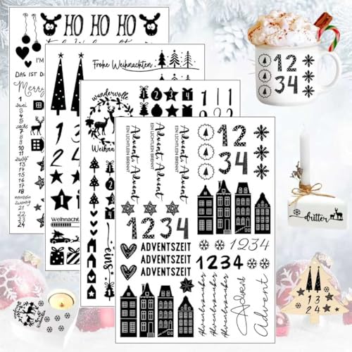Rub On Sticker Weihnachten, 4 Stück A5 Advent Rub On Sticker, Advent Rub Ons Transferaufkleber, Adventskerzen 1-4 Kerzenfolie, DIY Kerzensticker für Adventskerzen, für Tassen, Keramik, Kerzen (B) von Ntwdby