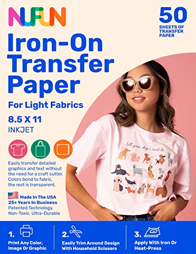 NuFun Activities Bedruckbares Wärmetransferpapier zum Aufbügeln, für T-Shirts, leichte Stoffe, 50 Blatt, 21,6 x 27,9 cm, langlebig, langlebig, professionelle Qualität, einfach zu basteln, ungiftig, NuFun Activities Bedruckbares Wärmetransferpapier zum Aufbügeln, für T-Shirts, leichte Stoffe, 50 Blatt, 21,6 x 27,9 cm, langlebig, langlebig, professionelle Qualität, einfach zu basteln, ungiftig, von NuFun Activities