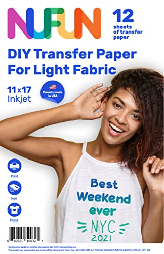 NuFun Activities Transferpapier zum Aufbügeln, für Tintenstrahldrucker, 28,9 x 43,2 cm (12 Stück, helle Stoffe) von NuFun Activities