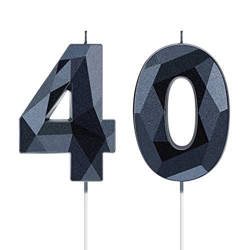 40. Geburtstag Kerzen, 3D Diamant Form Nummer 40 Kerzen Happy Birthday Kuchen Topper Ziffer Kerzen für Geburtstag Party Hochzeit Dekoration Wiedersehen Thema Party (Schwarz) von Nuanchu