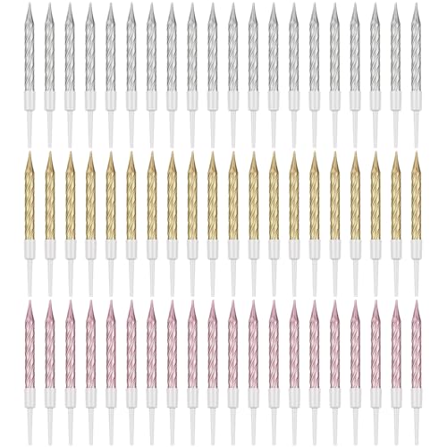 Nuanchu 60 Stücke Gold Geburtstagskerzen Metallisch Gold Kerzen für Geburtstagstorten Kurze Dünne Geburtstagskerzen für Cupcakes Spiral Kuchen Cupcake Kerzen in Haltern (Gold, Silber, Roségold) von Nuanchu