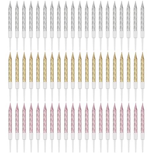 Nuanchu 60 Stücke Gold Geburtstagskerzen Metallisch Gold Kerzen für Geburtstagstorten Kurze Dünne Geburtstagskerzen für Cupcakes Spiral Kuchen Cupcake Kerzen in Haltern (Gold, Silber, Roségold) von Nuanchu