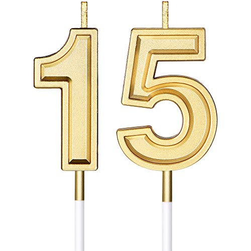 Nuanchu 15. Geburtstag Kerzen Kuchen Ziffer Kerzen Alles Gute zum Geburtstag Kuchen Kerzen Topper Dekoration für Geburtstag Hochzeitstag Feier Gunst, Gold von Nuanchu