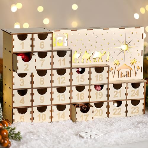 Nuanchu 24 Tage Adventskalender mit 24 Schubladen beleuchtet Holz DIY Countdown bis Weihnachten Kalender Krippe Dekoration Weihnachten Desktop Organizer Xmas Holz Handwerk 35,8 x 21,6 x 7,6 cm von Nuanchu