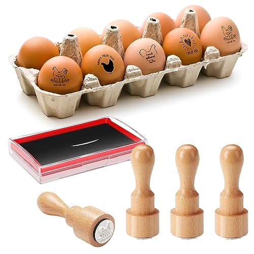 Nuanchu 4 Stück frische Eierstempel, rund, Holzgummi-Stempel für Eier, Hühnerei-Etiketten, Stempel, Mini-Eierkarton-Stempel mit Stempelkissen für Hühnerstall, Eierstempel, Heimbedarf (klassischer von Nuanchu